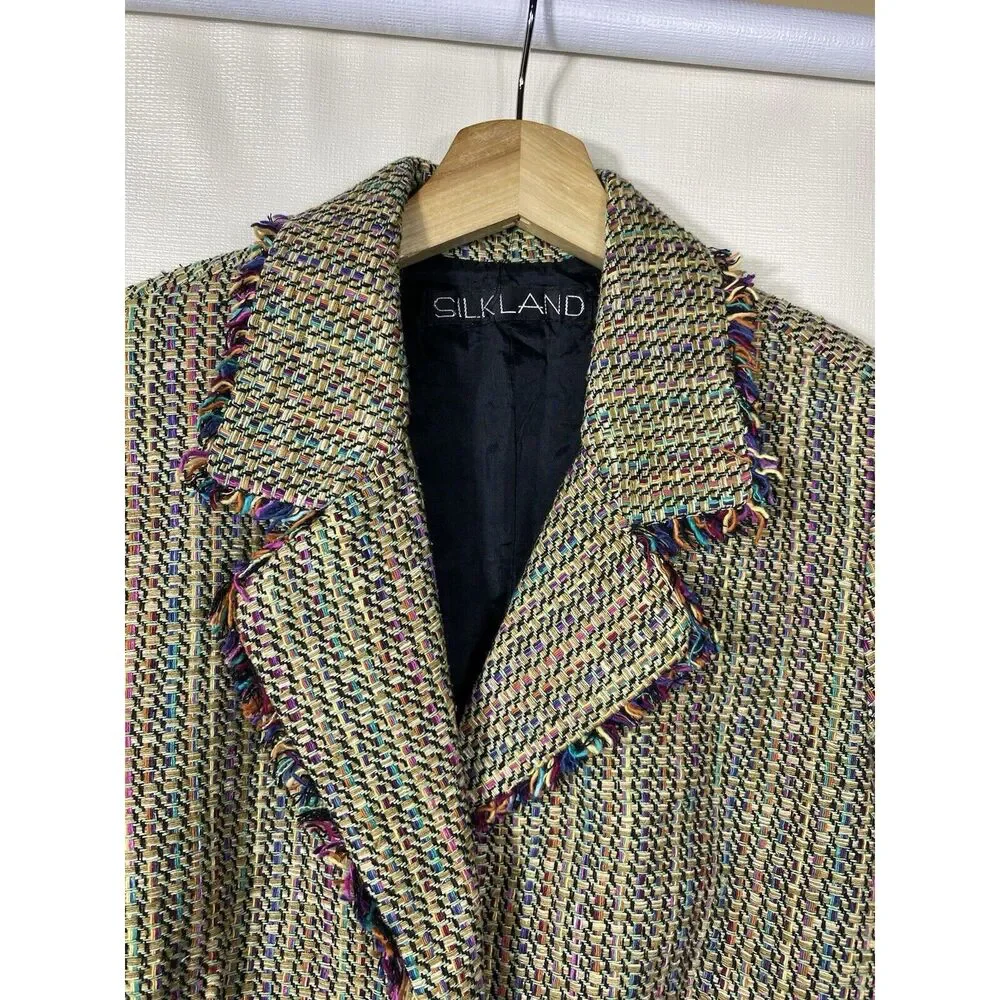 Vtg Silkland Womens Blazer Sz S Jacket Beige Rainbow Woven‎ Tweed Fringe 90s